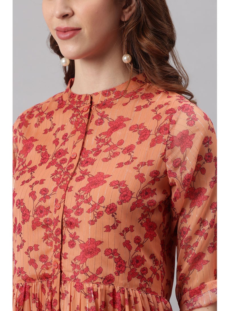 IndHeritage Premium Dress - Latest dress collection - Beautiful georgette orange colour mid calf length dress with floral prints - Stylish trending Indo Western Dress - Image 5