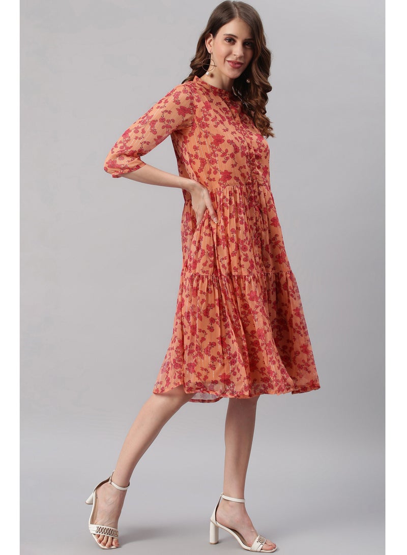 IndHeritage Premium Dress - Latest dress collection - Beautiful georgette orange colour mid calf length dress with floral prints - Stylish trending Indo Western Dress - Image 3