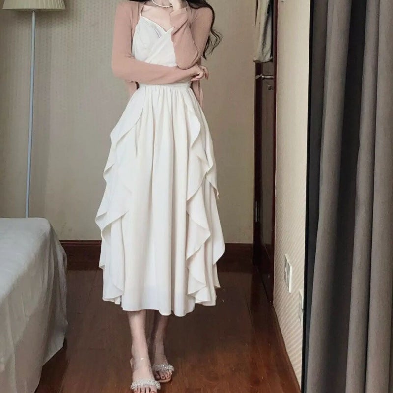 New Forest Style First Love Skirt Cardigan Two-Piece Set White Suspender Skirt White Moonlight Sweet Waistline French Fairy Skirt Forest white dress