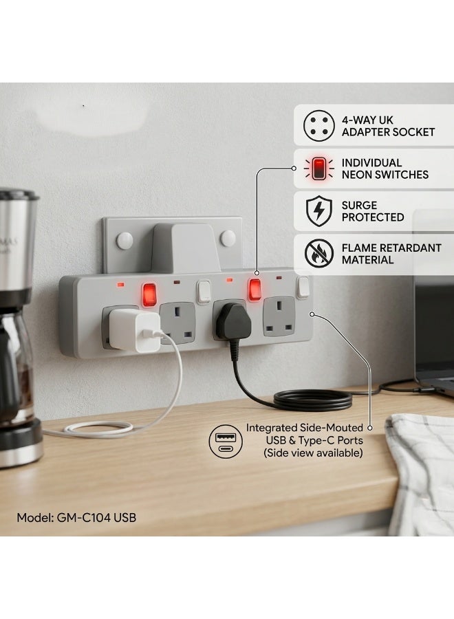 13A 4-Way Extension Lead Power Strip with USB & Type-C Ports – 3250W Surge Protected Multi-Plug Adapter – Individual Neon Switched Sockets – Flame Retardant Heavy Duty Power Hub - Image 5