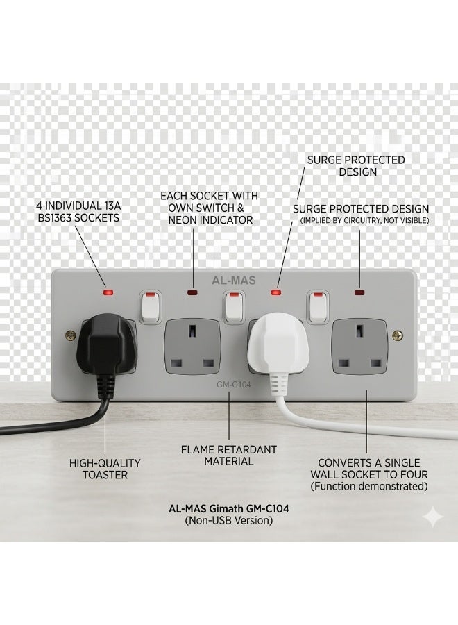 13A 4-Way Extension Lead Power Strip with USB & Type-C Ports – 3250W Surge Protected Multi-Plug Adapter – Individual Neon Switched Sockets – Flame Retardant Heavy Duty Power Hub - Image 3
