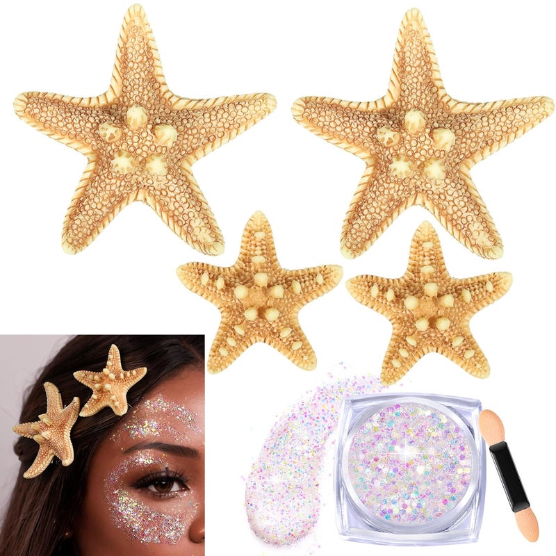 YGDZ Starfish Hair Clip 4PCS Starfish Hair Clips Mermaid Hair Accessories 1PCS Face Body Glitter Mermaid Costume Women Seashell Hair Clip Mermaid Outfit for Women Girls