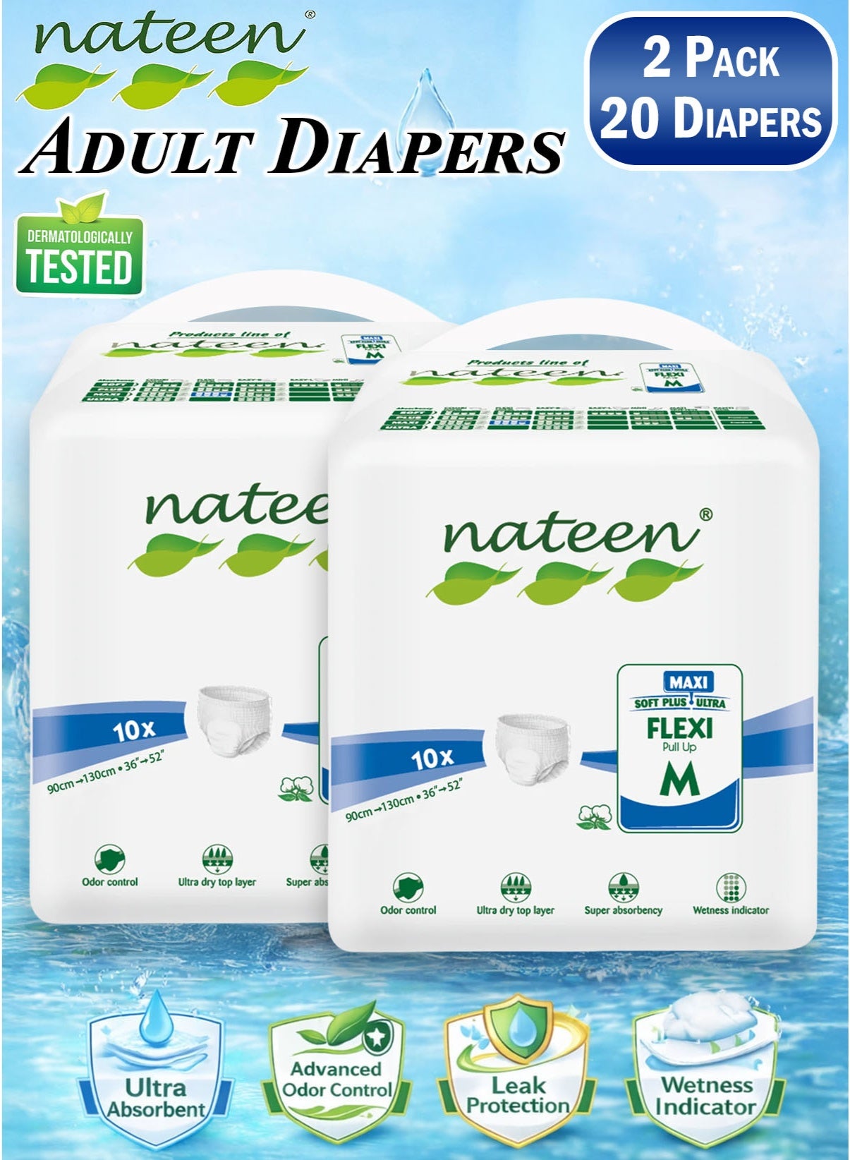 nateen 20 Count Pack of 2 Nateen Flexi Maxi Adult Diapers Pants Night Time Pull Up Medium Size Waist 90-130cm Disposable Incontinence Underwear for Men & Women, Ultra Absorbent 3050ml Overnight Adult 