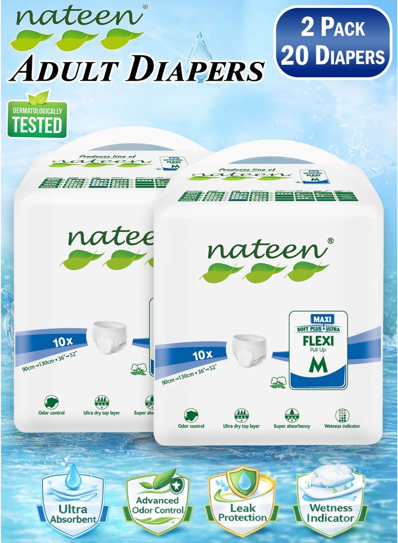 nateen 20 Count Pack of 2 Nateen Flexi Maxi Adult Diapers Pants Night Time Pull Up Medium Size Waist 90-130cm Disposable Incontinence Underwear for Men & Women, Ultra Absorbent 3050ml Overnight Adult Pull Ups with Odor Control Wetness Indicator Leak Guard Protection, Breathable Soft Rustle Free Adult Diaper Pants for Elderly Care Patient Care - Image 1