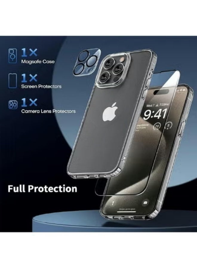 جراب حماية لموبايل آيفون 16 برو (iPhone 16 Pro), مجموعة مكونة من حافظة حماية مضادة للخدش والاصفرار على المدى القريب ويدعم الشحن اللاسلكي ماج سيف, واقي شاشة مضاد للكسر, و واقي كاميرا زجاجي, مجموعة كاملة لحماية جهازك من الخدوش والسقوط والكسر (3in1) - Image 3