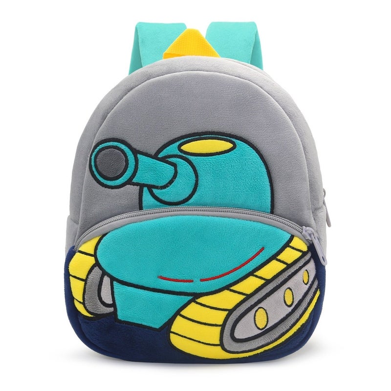 Plush Kids Backpack, Tank Vehicle Design, Soft Lightweight School Bag for Toddlers and Preschool Kids