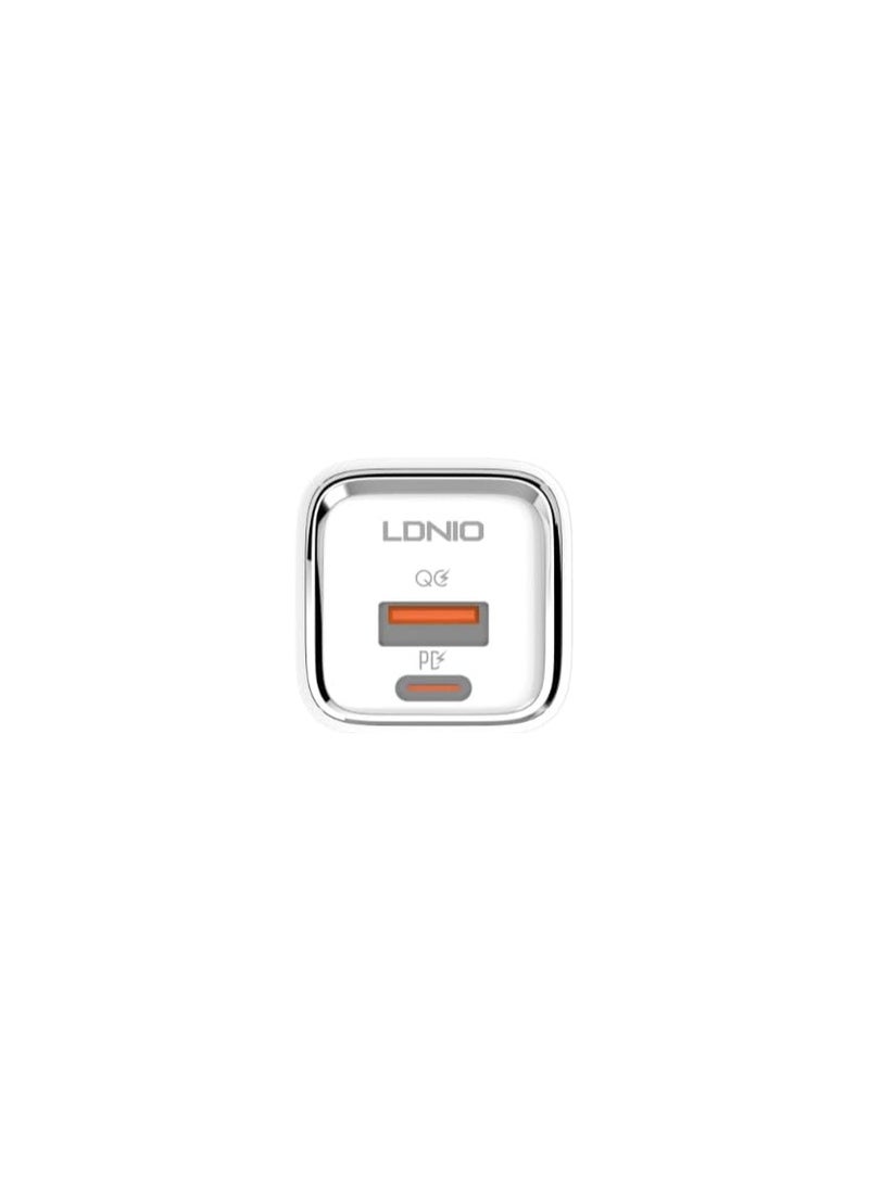 LDNIO - LDNIO A2317C Fast Wall Charger EU Plug With Cable From Type C To Lightning And USB Type C Ports 30W - White - Image 1