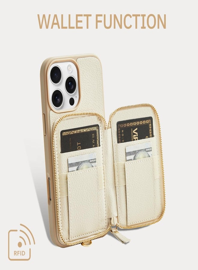 ZVE Compatible with iPhone 15 Pro Wallet Case Card Holder Purse with Wrist Strap for Women - Beige - Image 2