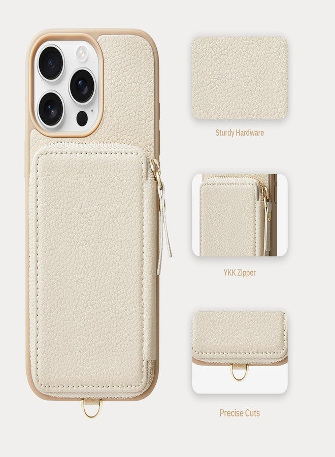 ZVE Compatible with iPhone 15 Pro Wallet Case Card Holder Purse with Wrist Strap for Women - Beige - Image 5