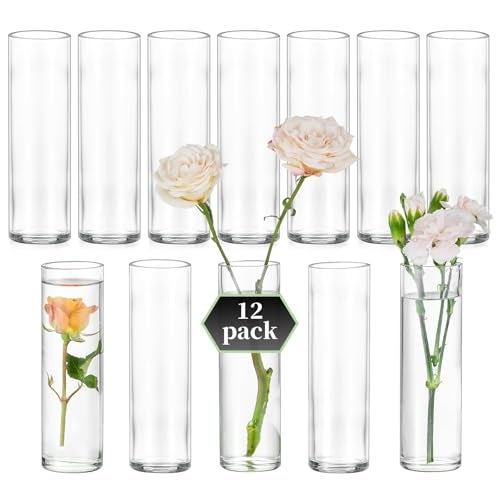 Glasseam Small Cylinder Glass Vases for Centerpieces: Glasseam Clear Vase Set of 12 Modern Centerpiece Vases for Table Wedding Home Party Decor 5.9In Bud Vase for Flowers Single Stem Roses Tulips - Image 1
