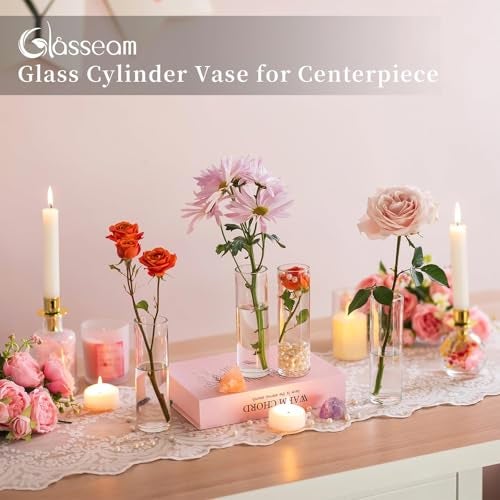 Glasseam Small Cylinder Glass Vases for Centerpieces: Glasseam Clear Vase Set of 12 Modern Centerpiece Vases for Table Wedding Home Party Decor 5.9In Bud Vase for Flowers Single Stem Roses Tulips - Image 3