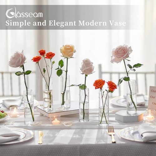 Glasseam Small Cylinder Glass Vases for Centerpieces: Glasseam Clear Vase Set of 12 Modern Centerpiece Vases for Table Wedding Home Party Decor 5.9In Bud Vase for Flowers Single Stem Roses Tulips - Image 5