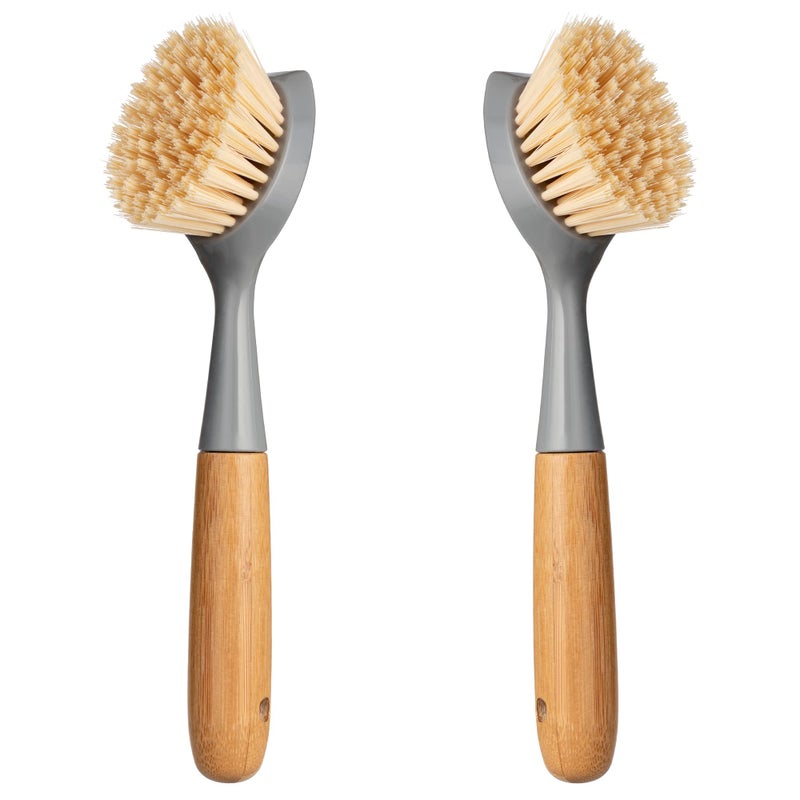 2 Pack Kitchen Dish Brush Bamboo Handle Dish Scrubber Builtin Scraper Scrub Brush for Pans Pots Kitchen Sink Cleaning Dishwashing and Cleaning Brushes are Perfect Cleaning Tools ColorGray