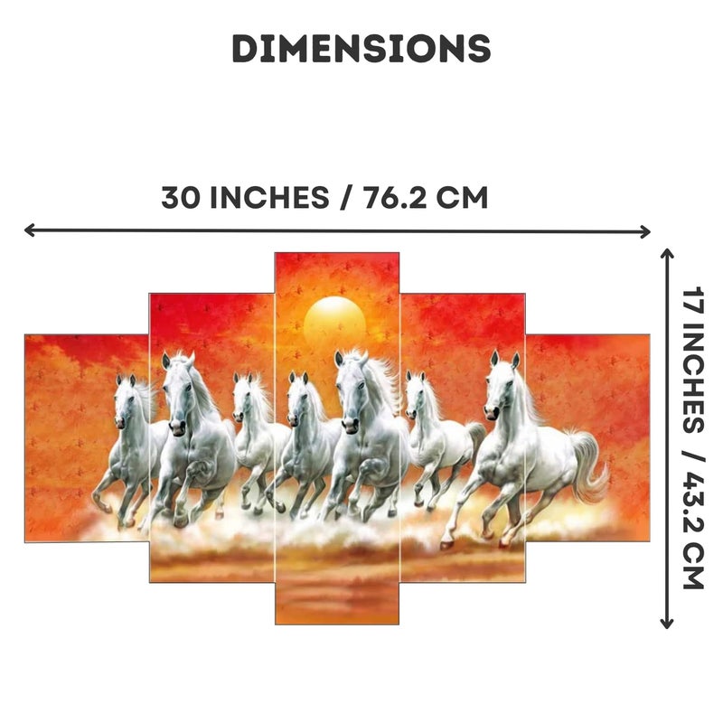 Masstone Seven Horses Vastu Painting Seven Horses Wall Decor 30x17 Inch 7 Horses Vastu Frame Wall Painting for Bedroom Set of 5 Seven Running Horses With Sunrise Painting - Image 2