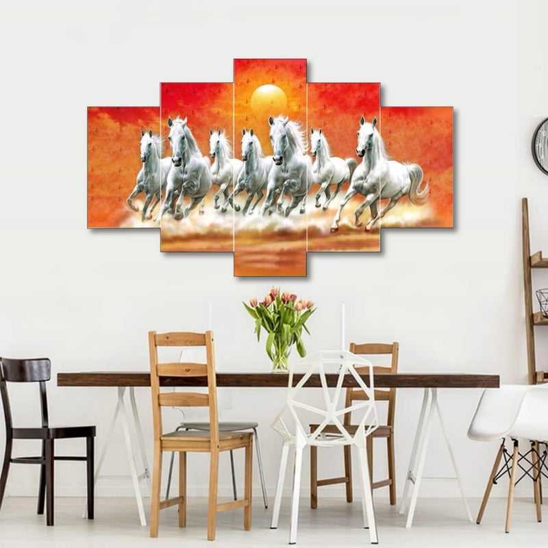 Masstone Seven Horses Vastu Painting Seven Horses Wall Decor 30x17 Inch 7 Horses Vastu Frame Wall Painting for Bedroom Set of 5 Seven Running Horses With Sunrise Painting - Image 5