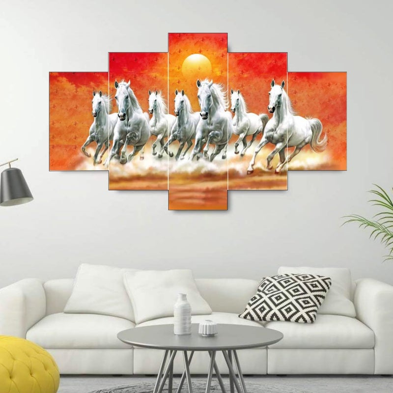 Masstone Seven Horses Vastu Painting Seven Horses Wall Decor 30x17 Inch 7 Horses Vastu Frame Wall Painting for Bedroom Set of 5 Seven Running Horses With Sunrise Painting - Image 4