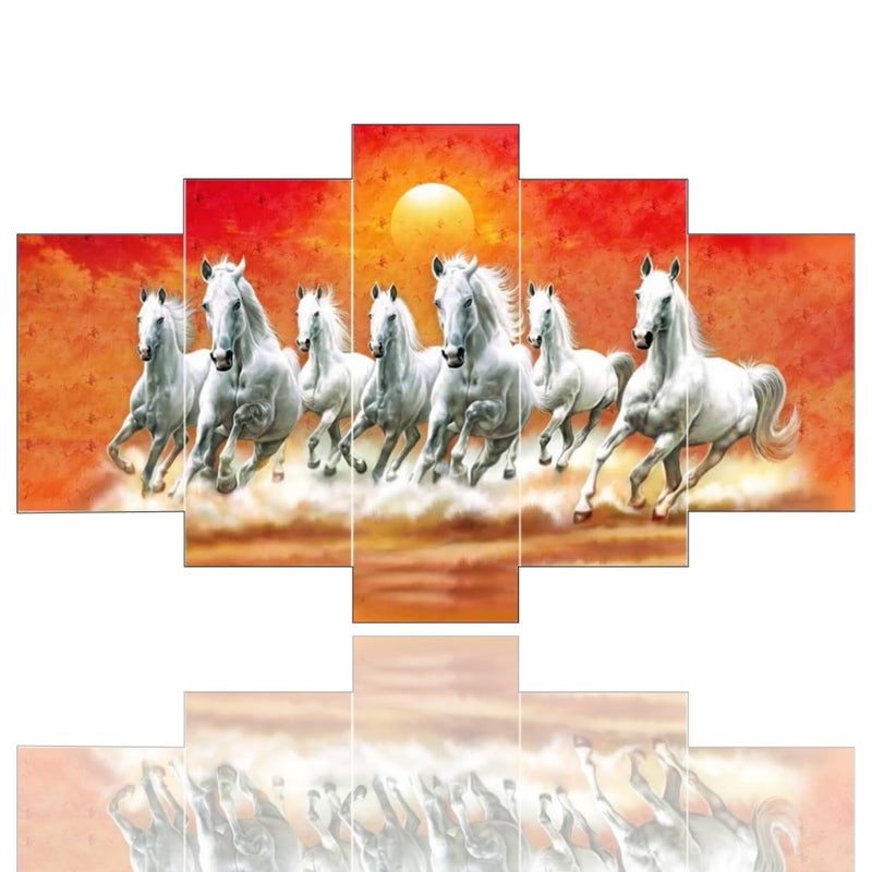 Masstone Seven Horses Vastu Painting Seven Horses Wall Decor 30x17 Inch 7 Horses Vastu Frame Wall Painting for Bedroom Set of 5 Seven Running Horses With Sunrise Painting - Image 1