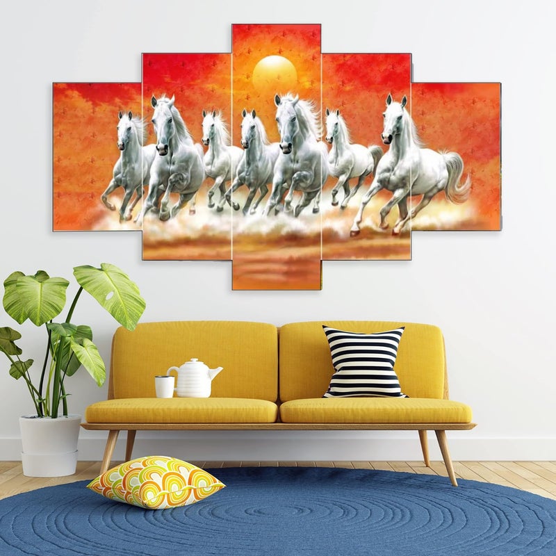 Masstone Seven Horses Vastu Painting Seven Horses Wall Decor 30x17 Inch 7 Horses Vastu Frame Wall Painting for Bedroom Set of 5 Seven Running Horses With Sunrise Painting - Image 3