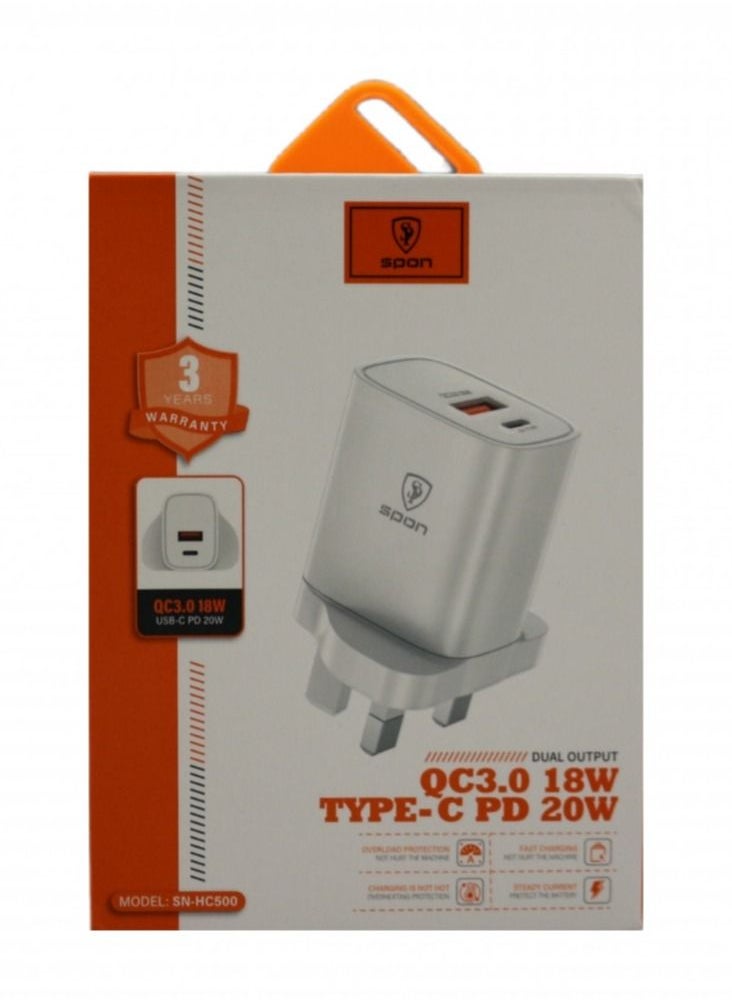 سبون يدعم شاحن ايفون USB وكابل Type C مع منفذ مزدوج 38 واط ، ومحول طاقة من النوع C PD وقابس شاحن QC 3.0  - Image 2
