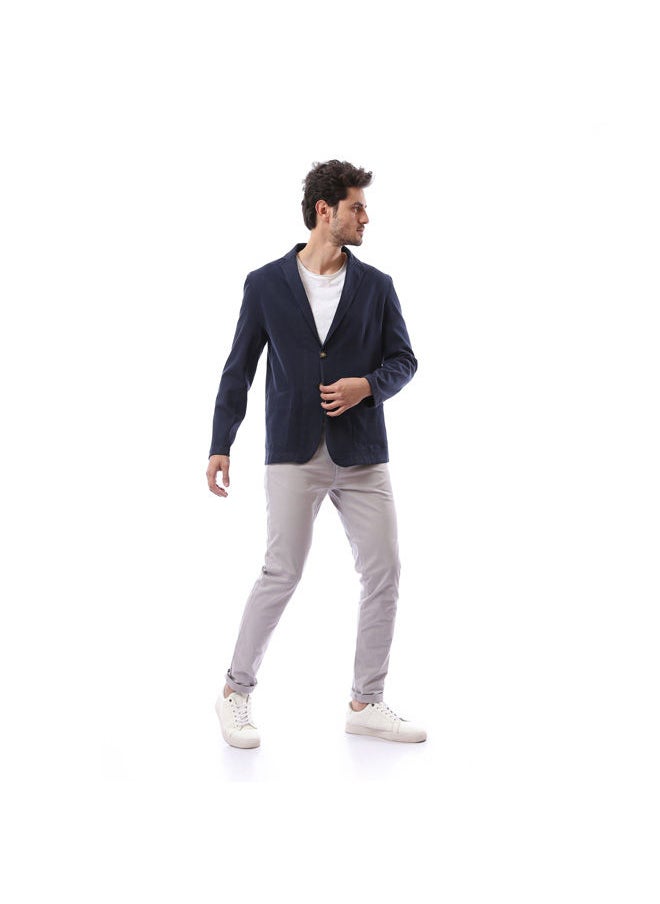 Andora - Basic Plain Notched Label Blazer -  Navy Blue - Image 1
