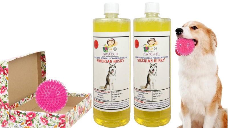 swacch Shampoo | Puppy Safe Shampoo | PH Balanced | Ditch to Itch for Siberian Husky Dog Shampoo 2 Litre (Lemon) + Spike Ball Chew Toy Combo Pack - Image 1