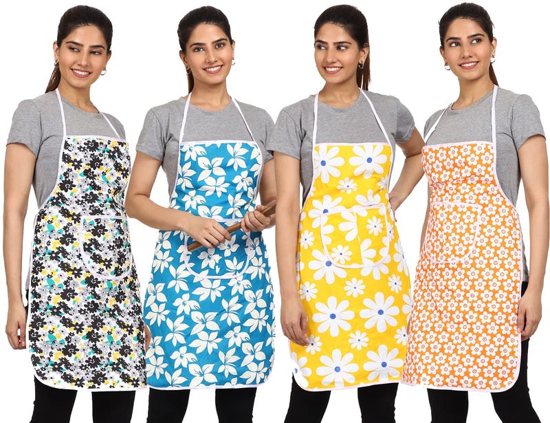 JMi Cotton Floral Print Fabric Waterproof Apron with Long Ties and Multipurpose Front Large Pocket For Cooking Dusting Home Kitchen Restaurant for Men & Women Unisex Apron. (Pack of 4, Multicolor) - Image 1