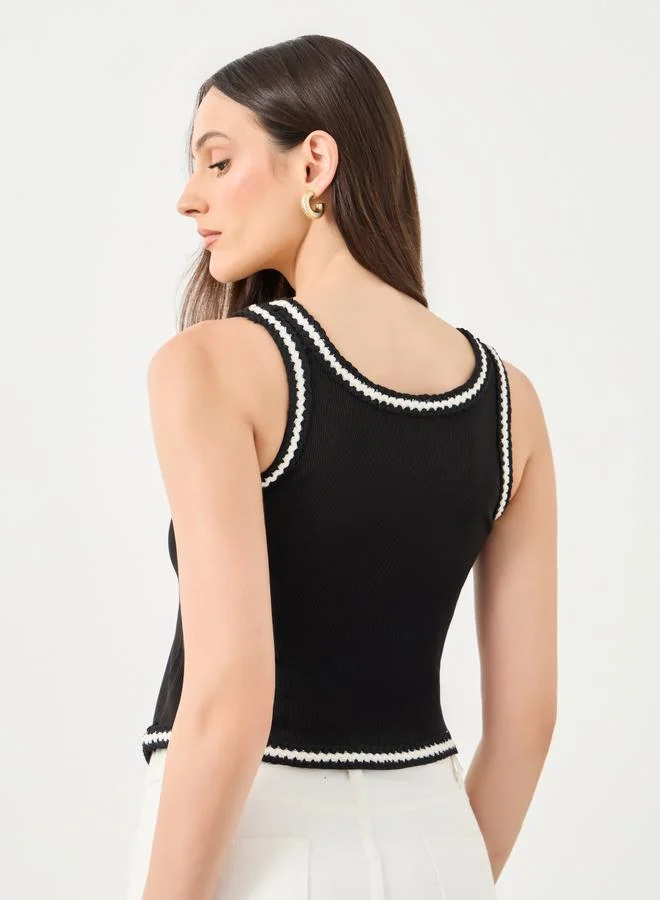 Styli Black Styli Black Ribbed Tank with Contrast Trim for Women | Best Price UAE