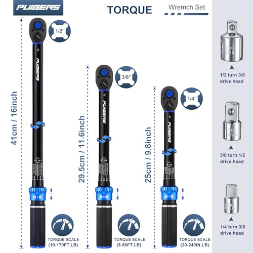 PUIBERS Torque Wrench Set 1/2 3/8 1/4 inch Drive Click, 3Pcs Torque Wrenches 10-170 FT.LB,5-50FT.LB,20-240IN.LB, Inch pound Torque Wrench with 3 Pcs Adapter for Bike,Car, Truck,Tractor - Image 2