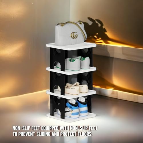 JEYANG Polypropylene 4 Tier Shoe Rack, Shoe Racks for Closet, Free-Combination Narrow Shoe Storage Organizer for Bedroom & Entryway, Space Saver Stackable Shoe Shelf,Grey (1 Pcs of 4 Tier (Black)) - Image 3