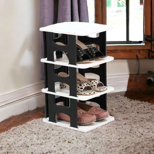JEYANG Polypropylene 4 Tier Shoe Rack, Shoe Racks for Closet, Free-Combination Narrow Shoe Storage Organizer for Bedroom & Entryway, Space Saver Stackable Shoe Shelf,Grey (1 Pcs of 4 Tier (Black)) - Image 1