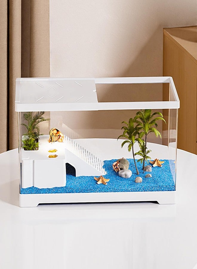 Turtle Fish Tank with Basking Platform and Bottom Drainage, 15.8" x 8" x 8.8" Aquatic Turtle Tank for Juvenile Turtle, Crayfish, Crabs, Amphibians, Reptiles, PC Material, White Color