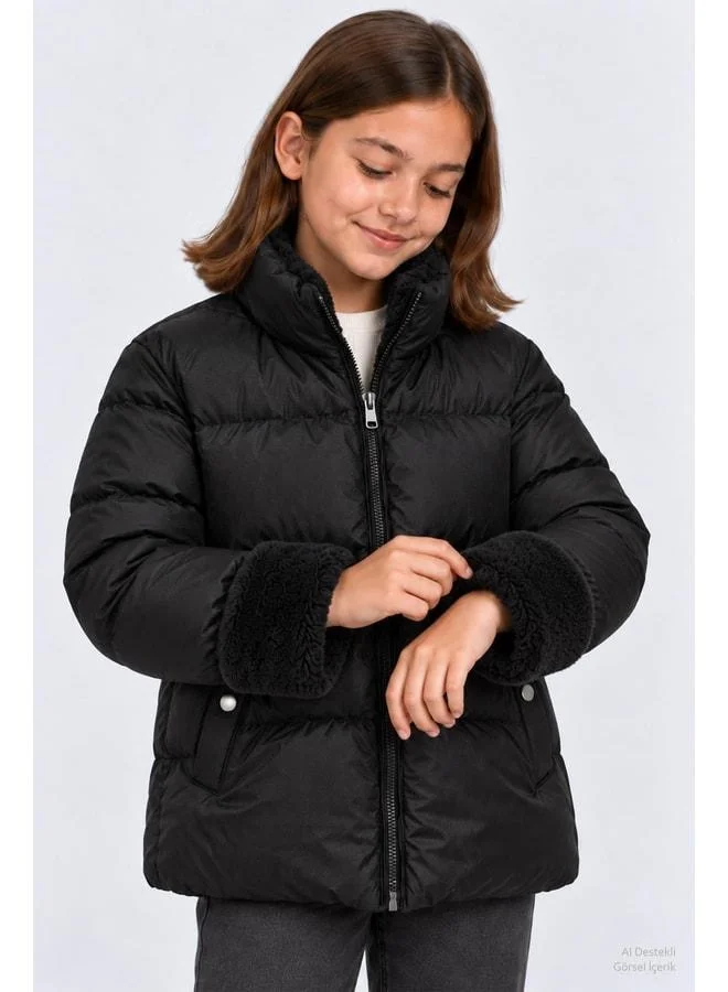Perendi Girls' Straight Collar Plush Detailed Puffer Jacket.