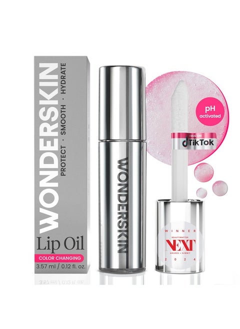 Wonderskin Lip Rehab Serum Oil - Color Changing Lip Oil from Clear to Pink - PH-activated, Non-sticky & Hydrating Tinted Lip Oil for Dry Lips (Kissed)