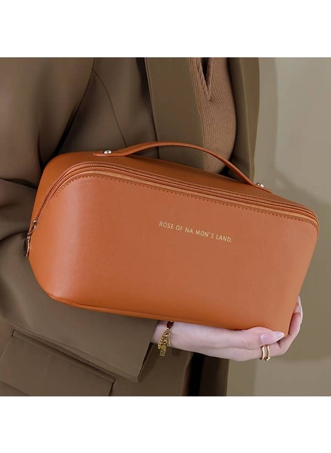 Spacious Waterproof PU Leather Makeup Bag with Multiple Compartments - Portable Toiletry Organizer for Cosmetics and Accessories