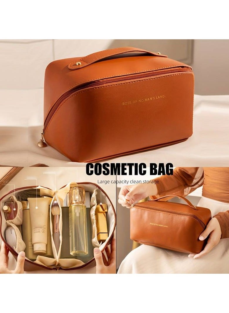 Spacious Waterproof PU Leather Makeup Bag with Multiple Compartments - Portable Toiletry Organizer for Cosmetics and Accessories