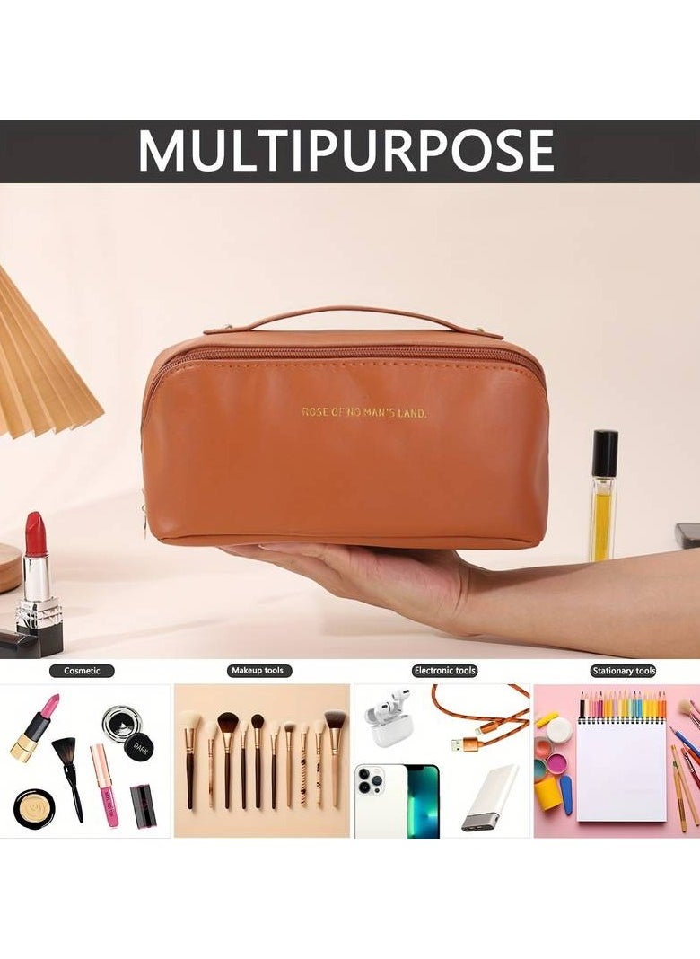 Spacious Waterproof PU Leather Makeup Bag with Multiple Compartments - Portable Toiletry Organizer for Cosmetics and Accessories