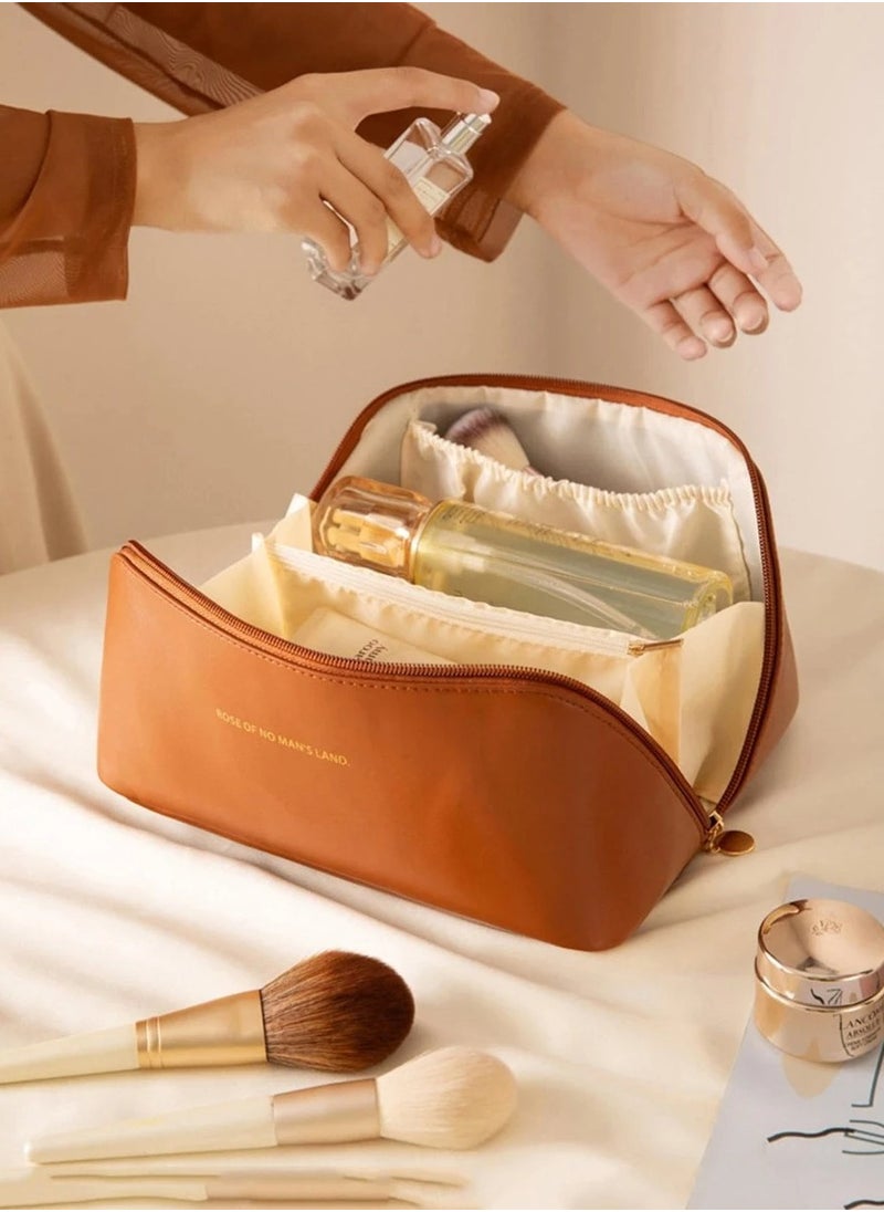 Spacious Waterproof PU Leather Makeup Bag with Multiple Compartments - Portable Toiletry Organizer for Cosmetics and Accessories