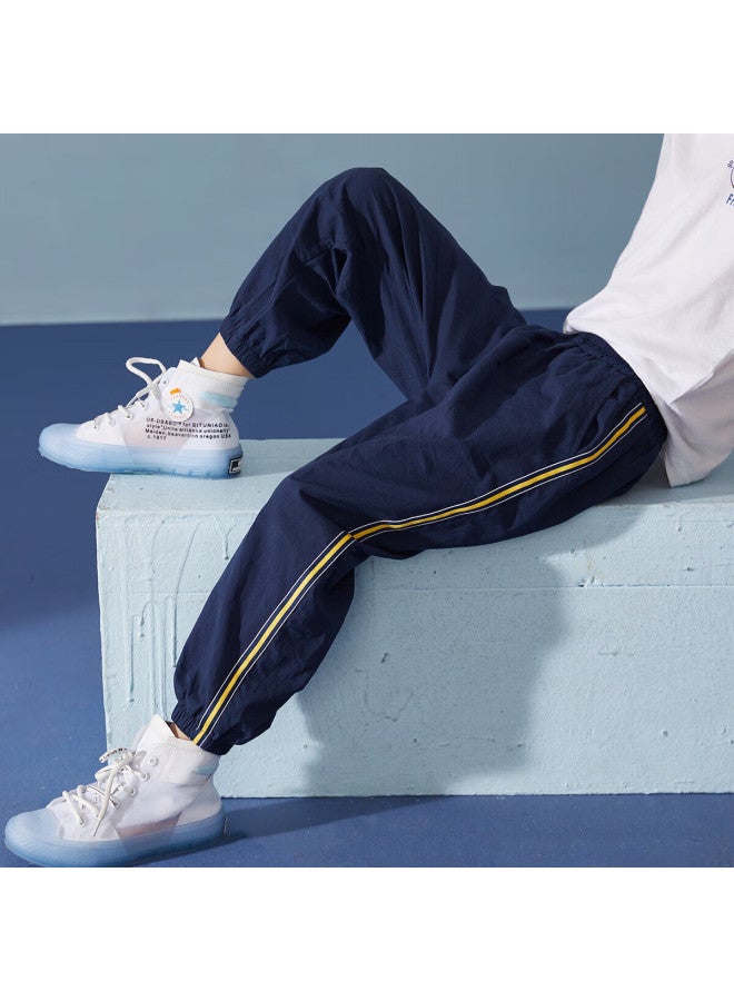 Ask Junior Boys' Pants, Summer Children's Running Trousers, Striped Casual Mosquito-proof Pants, Navy Blue, Size 170 - Image 1