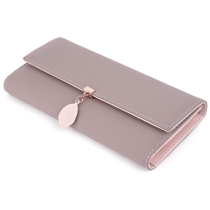UTO Women PU Leather Wallet Large Capacity Leaf Pendant Card Phone Holder Checkbook Organizer Zipper Coin Purse, Pale Mauve - Image 5
