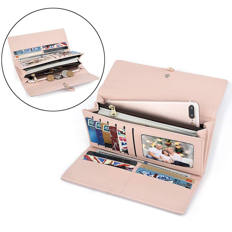 UTO Women PU Leather Wallet Large Capacity Leaf Pendant Card Phone Holder Checkbook Organizer Zipper Coin Purse, Pale Mauve - Image 3