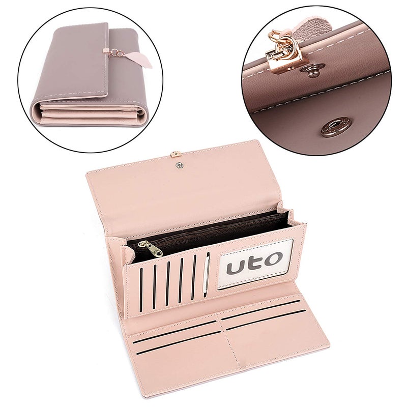 UTO Women PU Leather Wallet Large Capacity Leaf Pendant Card Phone Holder Checkbook Organizer Zipper Coin Purse, Pale Mauve - Image 2