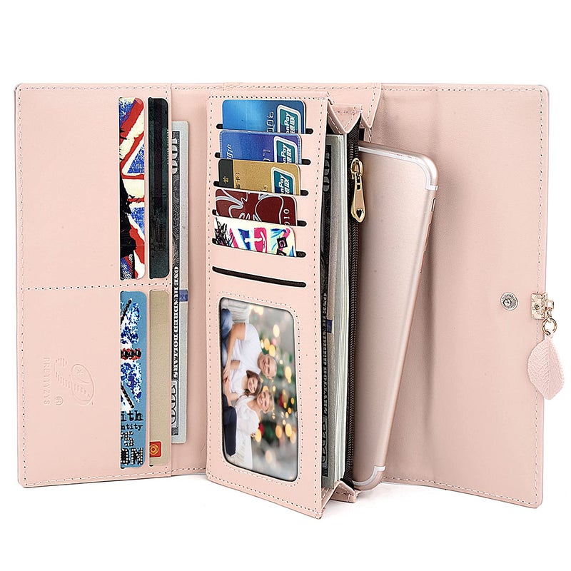 UTO Women PU Leather Wallet Large Capacity Leaf Pendant Card Phone Holder Checkbook Organizer Zipper Coin Purse, Pale Mauve - Image 4