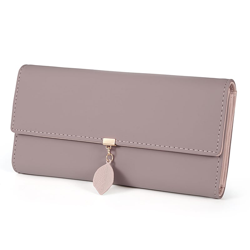 UTO Women PU Leather Wallet Large Capacity Leaf Pendant Card Phone Holder Checkbook Organizer Zipper Coin Purse, Pale Mauve - Image 1