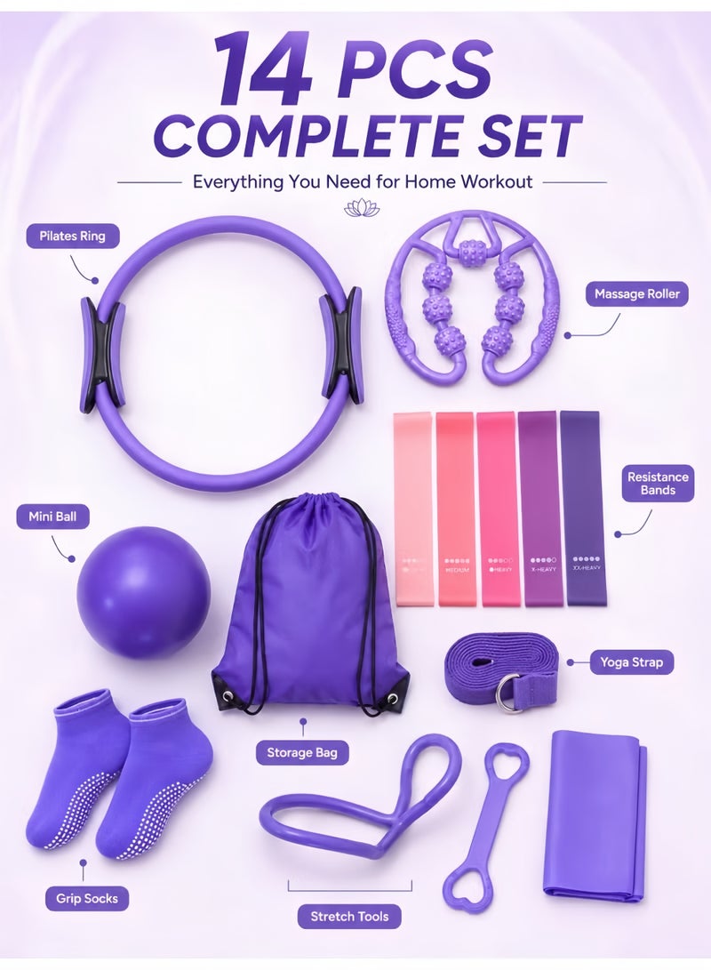 BS 14-Piece Pilates Fitness Equipment Set for Women – Foam Roller, Ball, Magic Circle & Bands, Pink - Image 4
