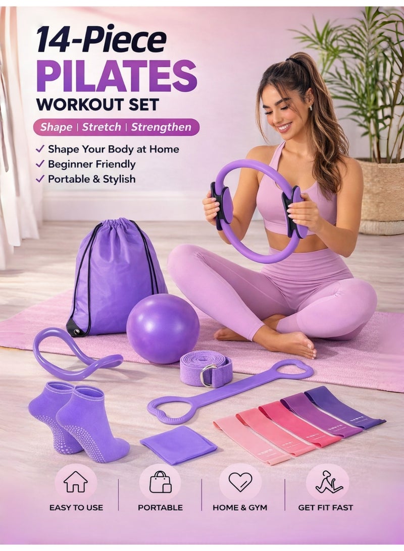 BS 14-Piece Pilates Fitness Equipment Set for Women – Foam Roller, Ball, Magic Circle & Bands, Pink - Image 2
