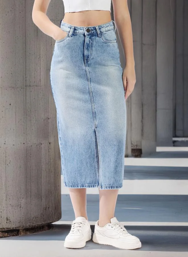 هاي ستار تنورة جينز نسائية ميدي بخصر عالٍ وفتحة جانبية أمامية قطنية