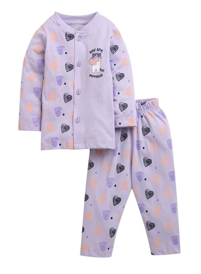 BUMZEE طقم بيجاما وجابلا قطني بأكمام طويلة للبنات من بامزي، لون لافندر - من 0 إلى 3 أشهر (Peb10683B-lvd) - Image 1