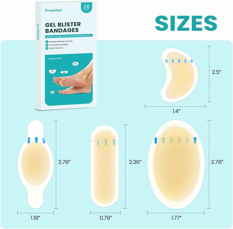 Promifun Blister Pads  28 ct Water Resistant Hydrocolloid Bandages for Foot Toe Heel  Gel Blister Cushions for Prevention  Recovery Variety Pack - Image 2