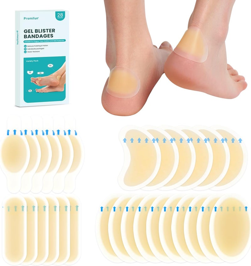 Promifun Blister Pads  28 ct Water Resistant Hydrocolloid Bandages for Foot Toe Heel  Gel Blister Cushions for Prevention  Recovery Variety Pack - Image 1