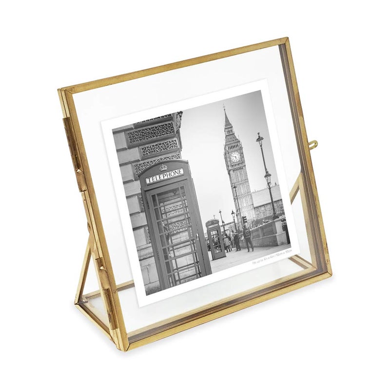 Isaac Jacobs 4x4 Antique Gold Vintage Style Brass and Glass Floating Photo Frame Metal with Locket Closure and Angled Base for Pictures Art Mementos Keepsakes 4x4 Antique Gold